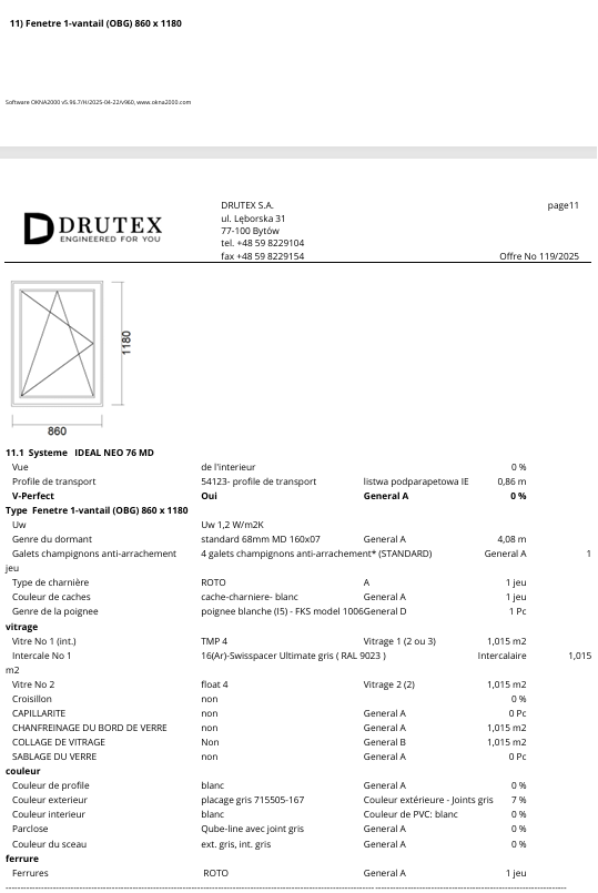 Châssis neuf Aluplast Ideal Neo 860*1180 (pg droite) 