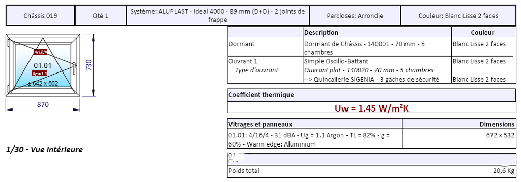 Châssis neuf Aluplast i4000 870*730 (pg droite)  