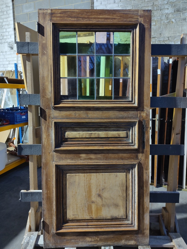 Ancienne porte bois vitrée - 12 carreaux colorés 202 x 93 x 4 cm (L) 