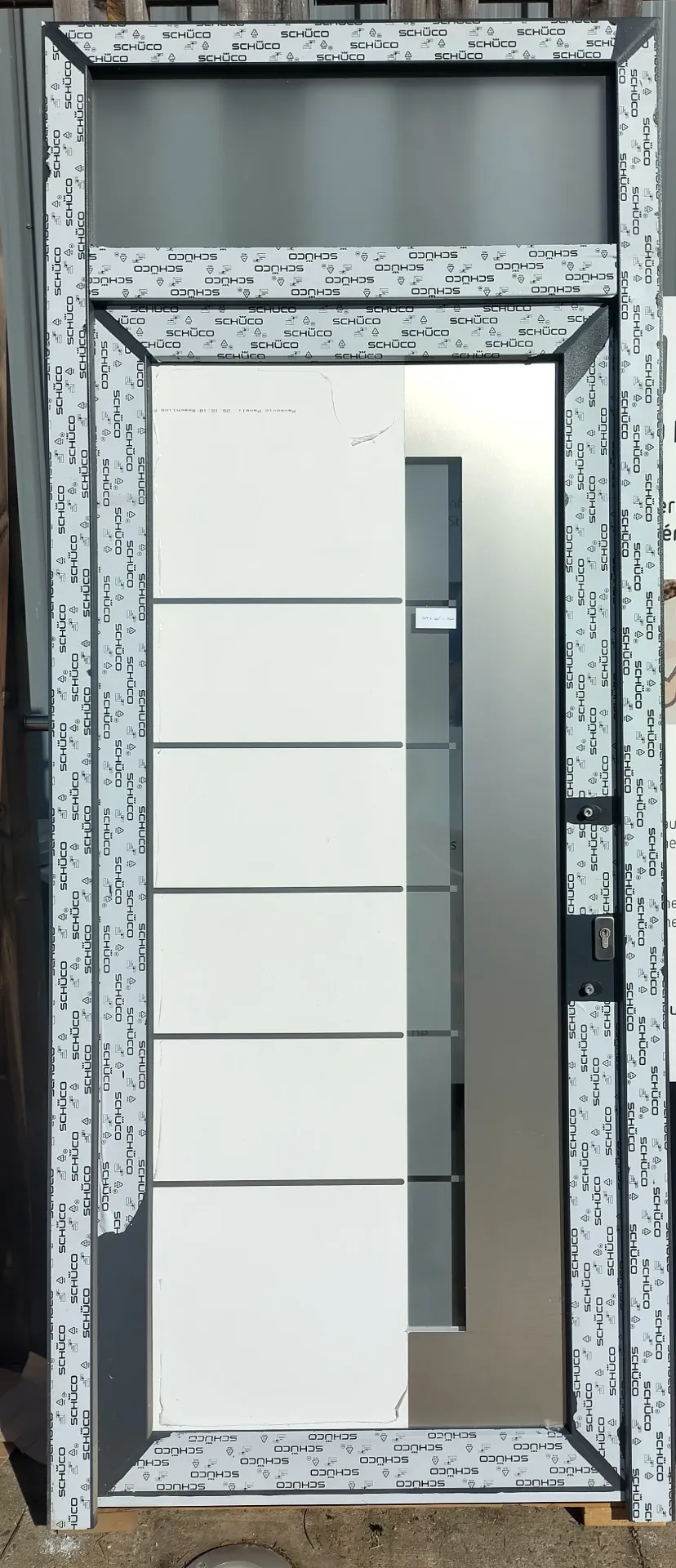 Porte extérieure PVC blanc/anthracite avec imposte 254x104,5x8,2 cm (L)